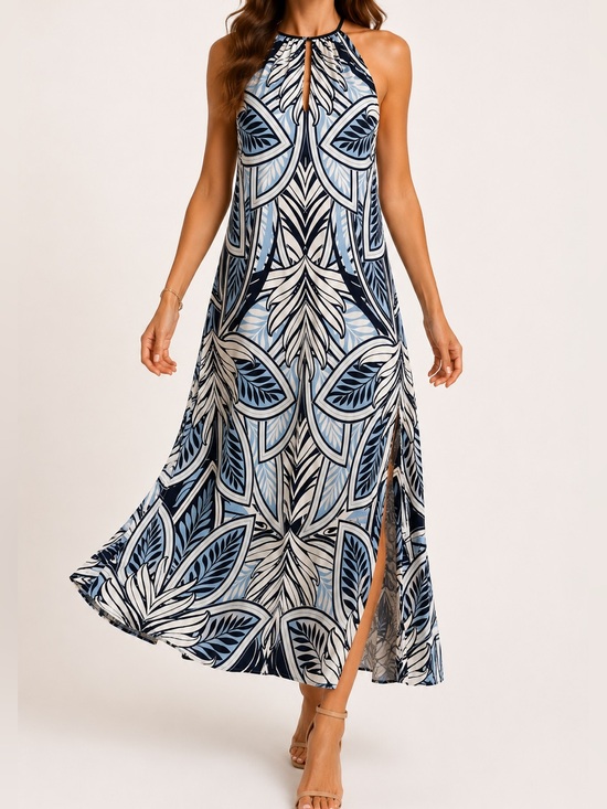 London Times Dresses & Skirts - London Times Halter Maxi Dress Blue Floral Print Side Slit Size 12
